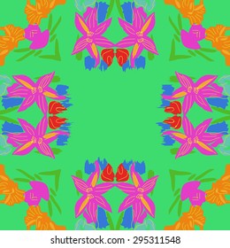 Circular seamless  pattern of floral motif, spots, flowers, stamens, waves, copy space. Hand drawn.