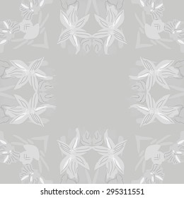 Circular seamless  pattern of floral motif, spots, flowers, stamens, waves, copy space. Hand drawn.