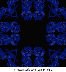 Circular seamless  pattern of floral motif, spots, flowers, stamens, waves, copy space. Hand drawn.