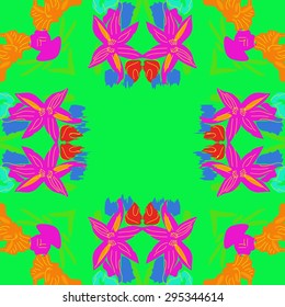 Circular seamless  pattern of floral motif, spots, flowers, stamens, waves, copy space. Hand drawn.
