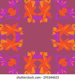 Circular seamless  pattern of floral motif, spots, flowers, stamens, waves, copy space. Hand drawn.
