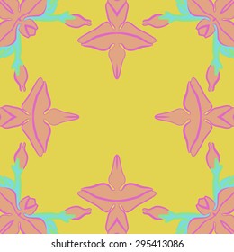 Circular seamless  pattern of floral motif, stripes, flowers, copy space. Hand drawn.