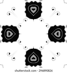 Circular seamless  pattern of floral motif, stylized  flowers, spirals, waves, ellipses, copy space. Hand drawn.