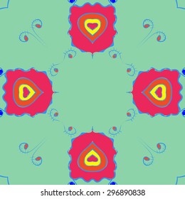 Circular seamless  pattern of floral motif, stylized  flowers, spirals, waves, ellipses, copy space. Hand drawn.