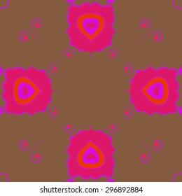 Circular seamless  pattern of floral motif, stylized  flowers, spirals, waves, ellipses, copy space. Hand drawn.