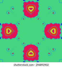 Circular seamless  pattern of floral motif, stylized  flowers, spirals, waves, ellipses, copy space. Hand drawn.