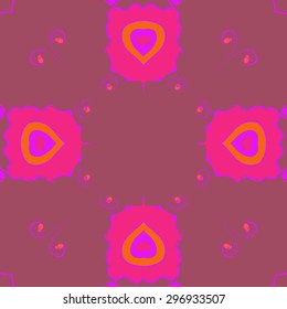 Circular seamless  pattern of floral motif, stylized  flowers, spirals, waves, ellipses, copy space. Hand drawn.