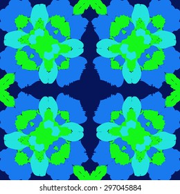 Circular seamless  pattern of floral motif, stylized  flowers, spots,cross, stamens. Hand drawn.