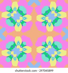 Circular seamless  pattern of floral motif, stylized  flowers, spots,cross, stamens. Hand drawn.