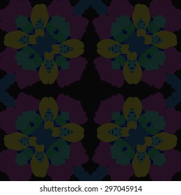 Circular seamless  pattern of floral motif, stylized  flowers, spots,cross, stamens. Hand drawn.
