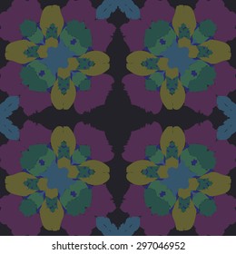 Circular seamless  pattern of floral motif, stylized  flowers, spots,cross, stamens. Hand drawn.