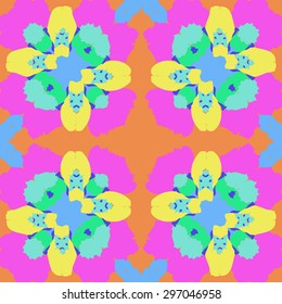 Circular seamless  pattern of floral motif, stylized  flowers, spots,cross, stamens. Hand drawn.