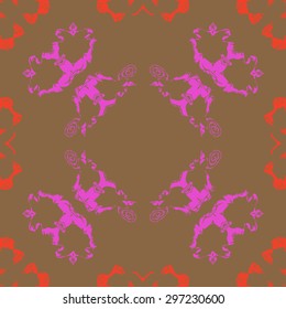 Circular seamless  pattern of floral motif, spirals, spots,hole, copy space. Hand drawn.