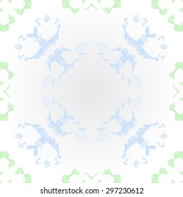 Circular seamless  pattern of floral motif, spirals, spots,hole, copy space. Hand drawn.