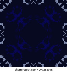 Circular seamless  pattern of floral motif, spirals, spots,hole, copy space. Hand drawn.