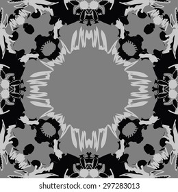 Circular seamless  pattern of floral motif, doodles, flowers, spots, hole, copy space. Hand drawn.