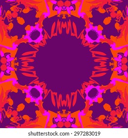 Circular seamless  pattern of floral motif, doodles, flowers, spots, hole, copy space. Hand drawn.