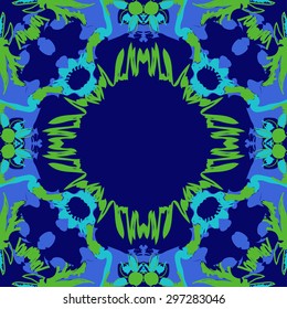 Circular seamless  pattern of floral motif, doodles, flowers, spots, hole, copy space. Hand drawn.