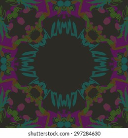 Circular seamless  pattern of floral motif, doodles, flowers, spots, hole, copy space. Hand drawn.
