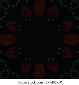 Circular seamless  pattern of floral motif, branches, flowers, leaves, copy space. Hand drawn.