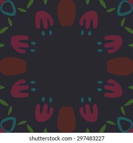 Circular seamless  pattern of floral motif, branches, flowers, leaves, copy space. Hand drawn.