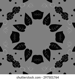 Circular seamless  pattern of floral motif, leaves, ellipses, spirals, copy space. Hand drawn.