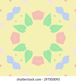 Circular seamless  pattern of floral motif, leaves, ellipses, spirals, copy space. Hand drawn.