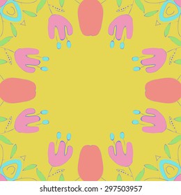 Circular seamless  pattern of floral motif, branches, flowers, leaves, copy space. Hand drawn.