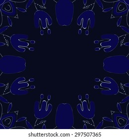 Circular seamless  pattern of floral motif, branches, flowers, leaves, copy space. Hand drawn.