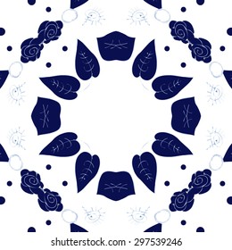 Circular seamless  pattern of floral motif, leaves, ellipses, spirals, copy space. Hand drawn.