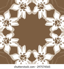 Circular seamless  pattern of floral motif, branches, flowers, spots, hole, copy space. Hand drawn.
