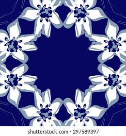 Circular seamless  pattern of floral motif, branches, flowers, spots, hole, copy space. Hand drawn.