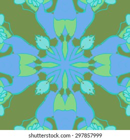 Circular seamless  pattern of floral motif, waves, spots, hole, cross, buds. Hand drawn.