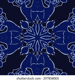 Circular seamless  pattern of floral motif, waves, spots, hole, cross, buds. Hand drawn.
