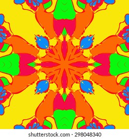 Circular seamless  pattern of floral motif, waves, spots, hole, cross, buds. Hand drawn.