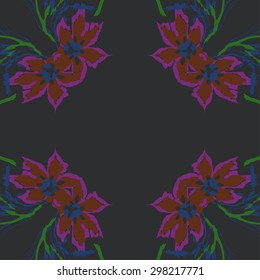 Circular seamless  pattern of floral motif, branches, flowers, spots, hole, ellipses, copy space. Hand drawn.