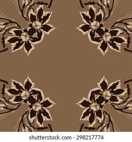 Circular seamless  pattern of floral motif, branches, flowers, spots, hole, ellipses, copy space. Hand drawn.