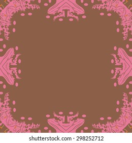 Circular seamless  pattern of floral motif,  spots, stripes, waves, hole, ellipses, copy space. Hand drawn.