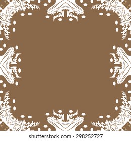 Circular seamless  pattern of floral motif,  spots, stripes, waves, hole, ellipses, copy space. Hand drawn.