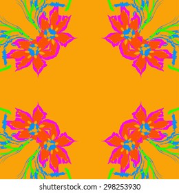 Circular seamless  pattern of floral motif, branches, flowers, spots, hole, ellipses, copy space. Hand drawn.