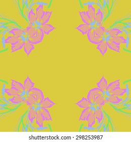 Circular seamless  pattern of floral motif, branches, flowers, spots, hole, ellipses, copy space. Hand drawn.