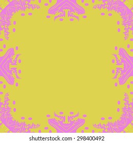 Circular seamless pattern of floral motif, spots, stripes, waves, hole, ellipses, copy space. Hand drawn.