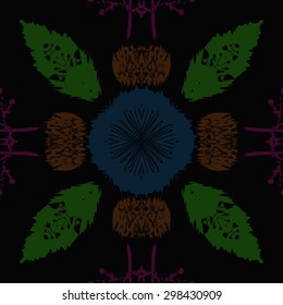 Circular seamless pattern of floral motif, spots, stripes, waves, hole, branches. Hand drawn.