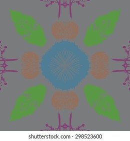 Circular seamless  pattern of floral motif,  spots, stripes, waves, hole ,branches. Hand drawn.