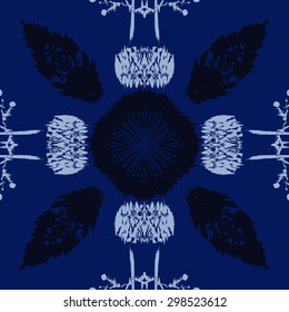 Circular seamless  pattern of floral motif,  spots, stripes, waves, hole ,branches. Hand drawn.