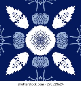 Circular seamless  pattern of floral motif,  spots, stripes, waves, hole ,branches. Hand drawn.