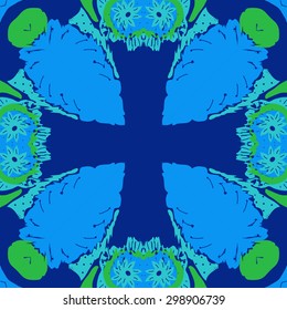 Circular seamless  pattern of floral motif, stamens, spots, waves, cross, copy space. Hand drawn.