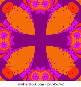 Circular seamless  pattern of floral motif, stamens, spots, waves, cross, copy space. Hand drawn.