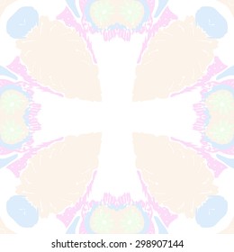 Circular seamless  pattern of floral motif, stamens, spots, waves, cross, copy space. Hand drawn.