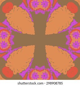 Circular seamless  pattern of floral motif, stamens, spots, waves, cross, copy space. Hand drawn.